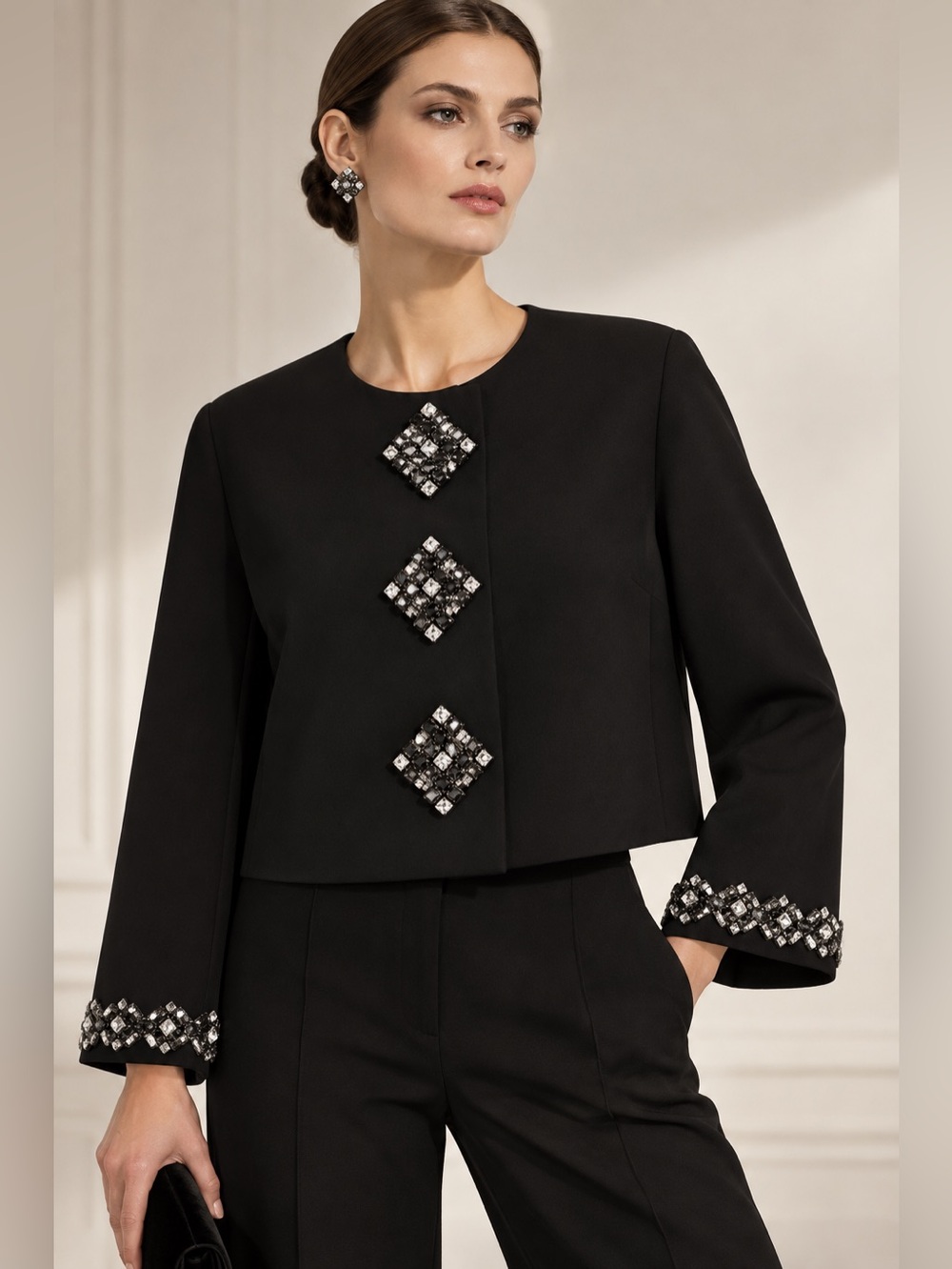 Marina Rinaldi Mabel Rhinestone Cady Jacket Black Size 14 NWT $1295 - Picture 3 of 9